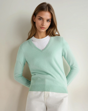 Load image into Gallery viewer, N.Peal Women's Phoebe V Neck Cashmere Jumper Dusty Teal Green
