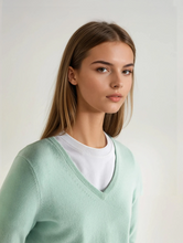 Load image into Gallery viewer, N.Peal Women's Phoebe V Neck Cashmere Jumper Dusty Teal Green
