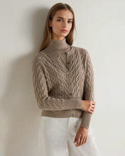 Load image into Gallery viewer, N.Peal Women's Myla Cable Cashmere Cardigan Oatmeal Brown
