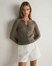 Load image into Gallery viewer, N.Peal Women's Myla Cable Cashmere Cardigan Vintage Khaki Green
