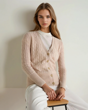 Load image into Gallery viewer, N.Peal Women's Clara Cable V Neck Cashmere Cardigan Ecru White
