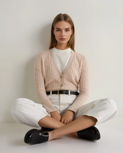 Load image into Gallery viewer, N.Peal Women's Clara Cable V Neck Cashmere Cardigan Ecru White
