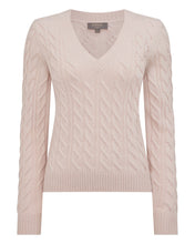 Load image into Gallery viewer, N.Peal Women's Frankie Cable V Neck Cashmere Jumper Dusk Pink
