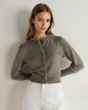Load image into Gallery viewer, N.Peal Women's Ruffle Trim Cashmere Cardigan Vintage Khaki Green
