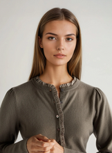 Load image into Gallery viewer, N.Peal Women's Ruffle Trim Cashmere Cardigan Vintage Khaki Green
