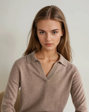 Load image into Gallery viewer, N.Peal Women's Cashmere Polo Shirt Oatmeal Brown
