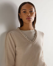 Load image into Gallery viewer, N.Peal Women's Metal Trim V Neck Cashmere Jumper Ecru White
