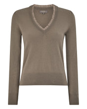 Load image into Gallery viewer, N.Peal Women's Metal Trim V Neck Cashmere Jumper Vintage Khaki Green
