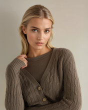 Load image into Gallery viewer, N.Peal Women's Clara Cable V Neck Cashmere Cardigan Vintage Khaki Green
