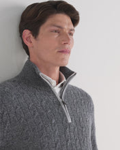 Load and play video in Gallery viewer, N.Peal Men's Albemarle Cable Half Zip Cashmere Jumper Grey Melange
