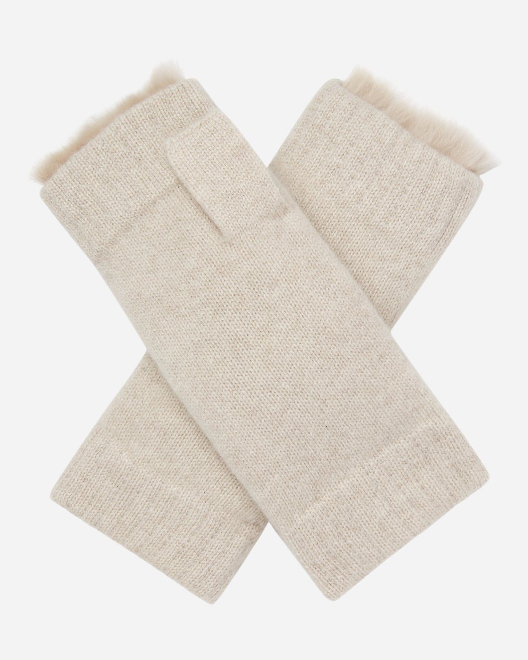 Fur Lined Fingerless Cashmere Gloves Ecru White + Sand Brown