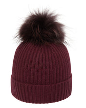Load image into Gallery viewer, N.Peal Unisex Ribbed Cashmere Hat With Detachable Pom Mulled Wine Red
