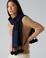 Load image into Gallery viewer, N.Peal Women&#39;s Fur Bobble Woven Cashmere Scarf Navy Blue
