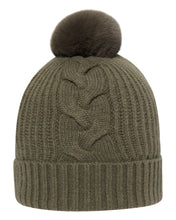 Load image into Gallery viewer, N.Peal Women&#39;s Fur Bobble Cable Hat Dark Olive Green
