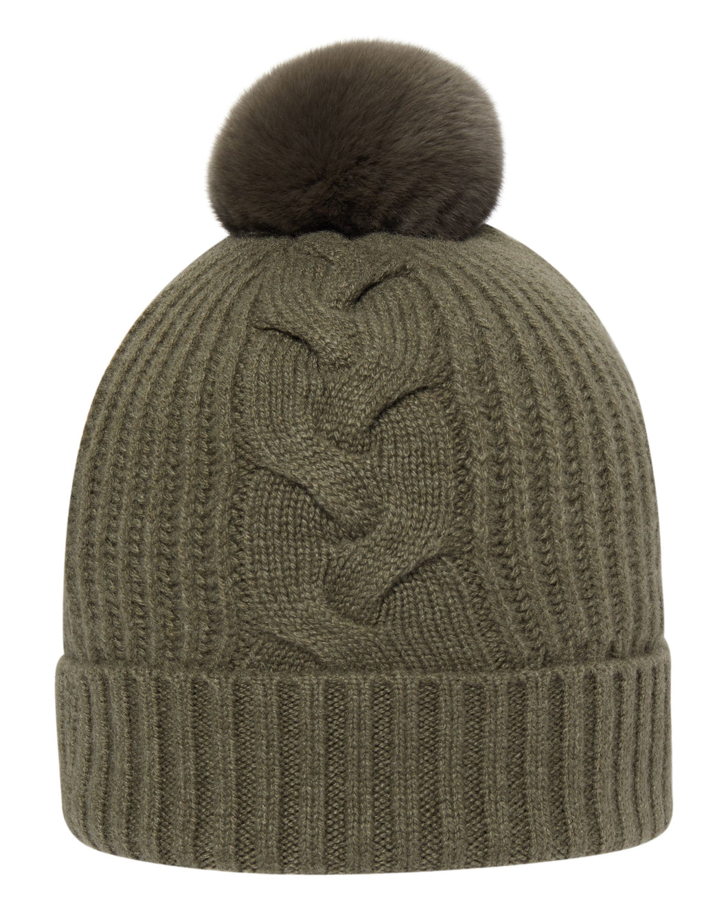 N.Peal Women's Fur Bobble Cable Hat Dark Olive Green