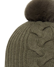 Load image into Gallery viewer, N.Peal Women&#39;s Fur Bobble Cable Hat Dark Olive Green

