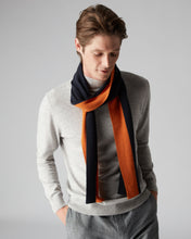 Load image into Gallery viewer, N.Peal Men&#39;s Stripe Rib Cashmere Scarf Navy Blue + Sienna Orange
