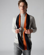 Load image into Gallery viewer, N.Peal Men&#39;s Stripe Rib Cashmere Scarf Navy Blue + Sienna Orange
