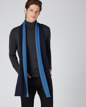 Load image into Gallery viewer, N.Peal Men&#39;s Stripe Rib Cashmere Scarf Navy Blue + Slate Blue
