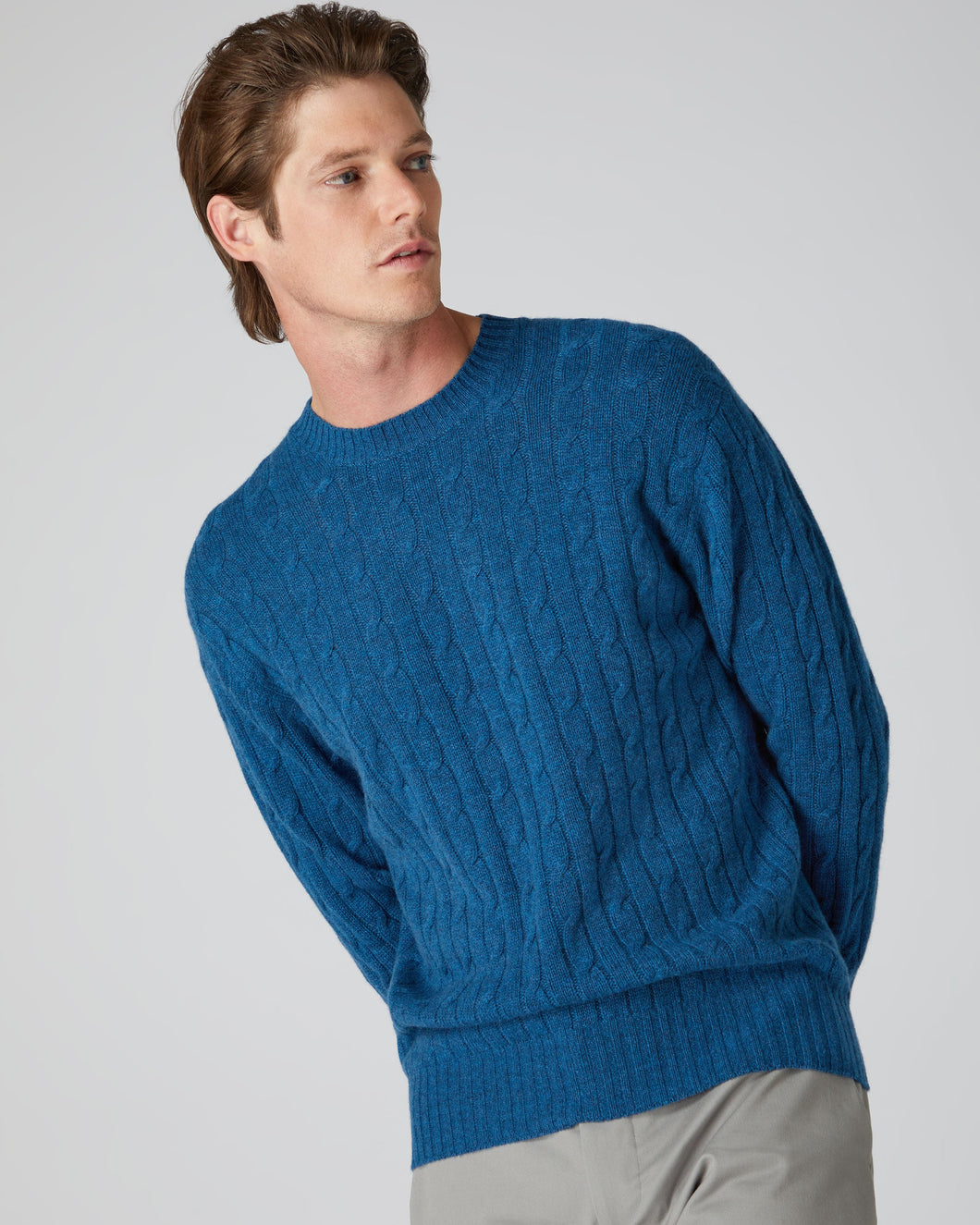 N.Peal The Thames Cable Cashmere Sweater Lake Blue Marl