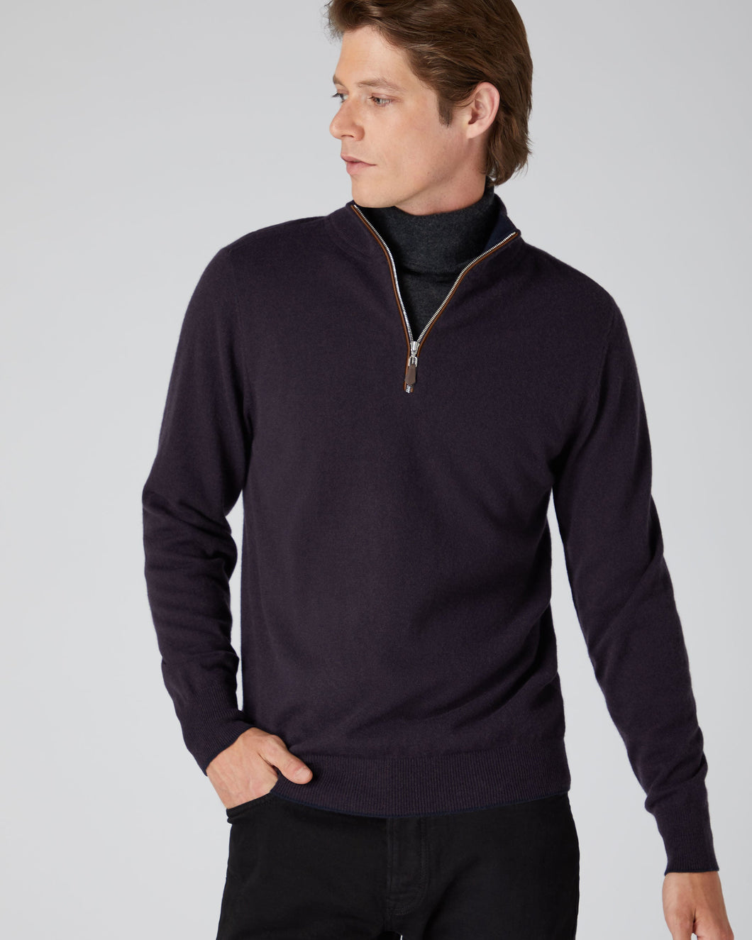 N.Peal Men's The Carnaby Half Zip Cashmere Jumper Dark Aubergine Purple