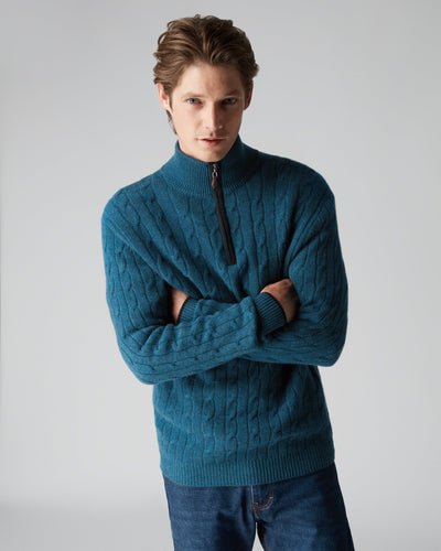 N.Peal Men's Cable Half Zip Cashmere Jumper Lake Blue