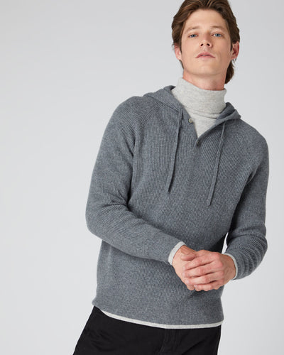 N.Peal Men's Half Button Hooded Cashmere Jumper Elephant Grey + Fumo Grey