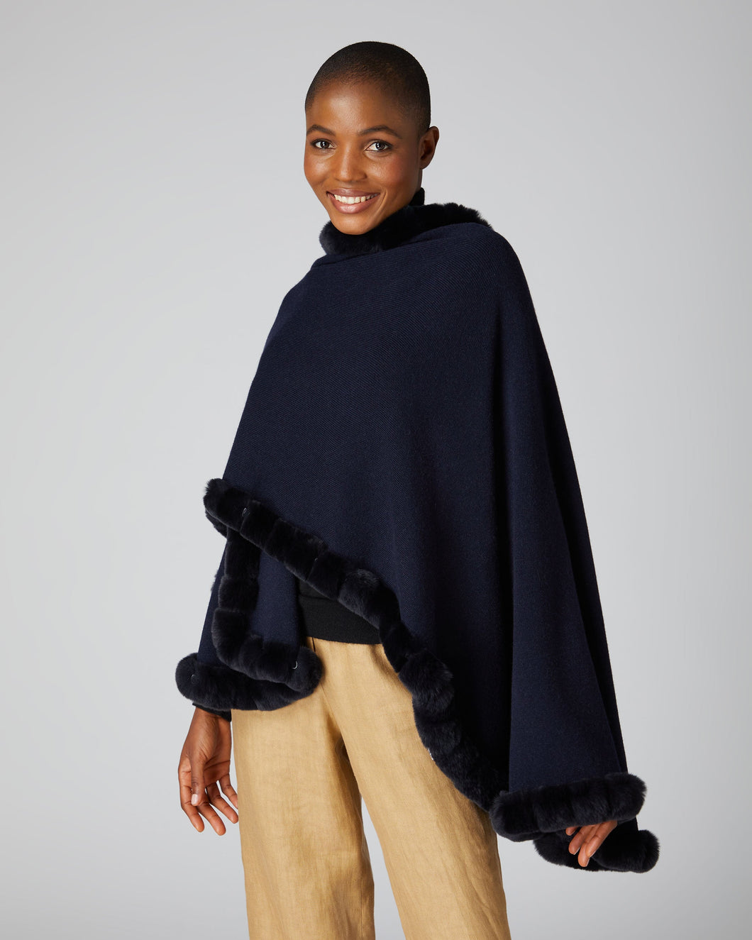 Cashmere Cape with Fur Trim Edge Navy Blue + Navy Blue Fur