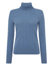 Load image into Gallery viewer, N.Peal Women&#39;s Cable Roll Neck Cashmere Jumper Alpine Blue
