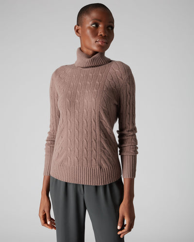N.Peal Women's Cable Roll Neck Cashmere Jumper Hazel Brown