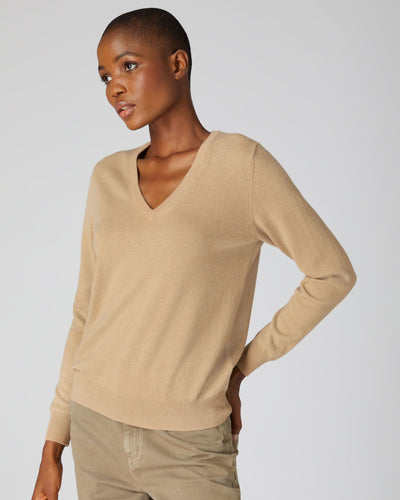 N.Peal Women's V Neck Cashmere Jumper Camel Brown