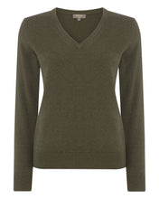 Load image into Gallery viewer, N.Peal Women&#39;s V Neck Cashmere Jumper Dark Olive Green
