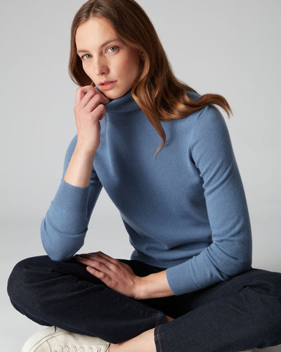 N.Peal Women's Polo Neck Cashmere Jumper Alpine Blue