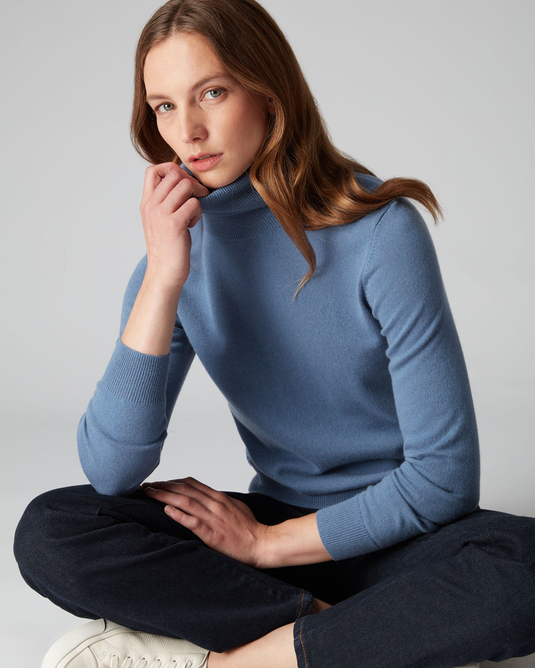 N.Peal Women's Polo Neck Cashmere Jumper Alpine Blue