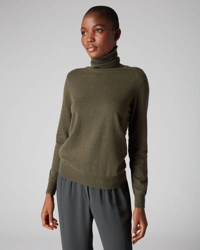 N.Peal Women's Polo Neck Cashmere Jumper Dark Olive Green
