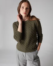 Load image into Gallery viewer, N.Peal Women&#39;s Round Neck Cable Cashmere Jumper Dark Olive Green
