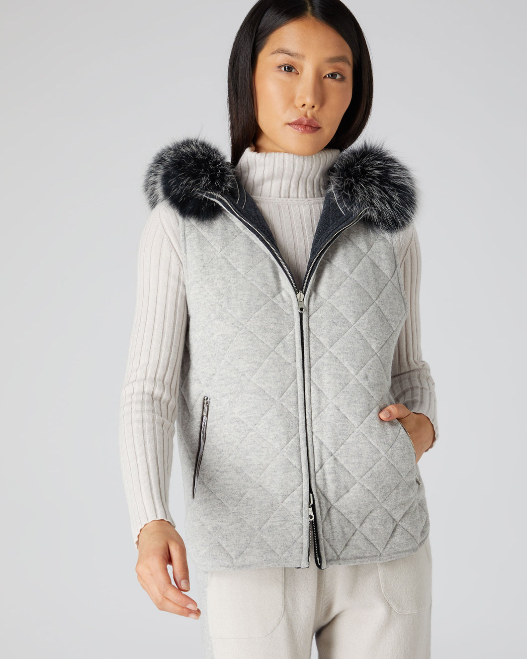 N.Peal Women's Hooded Reversible Gilet Fumo Grey