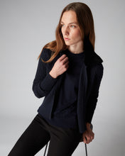 Load image into Gallery viewer, N.Peal Women&#39;s Shearling Collar Cable Cardigan Navy Blue
