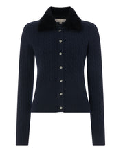 Load image into Gallery viewer, N.Peal Women&#39;s Shearling Collar Cable Cardigan Navy Blue
