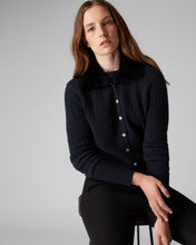 Load image into Gallery viewer, N.Peal Women&#39;s Shearling Collar Cable Cardigan Navy Blue
