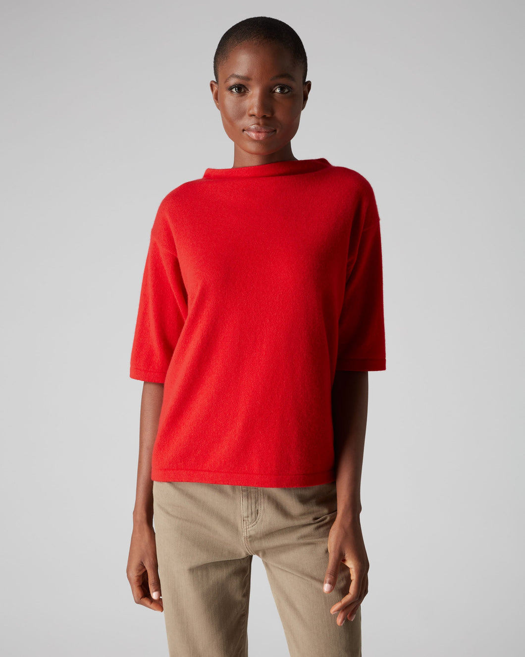 N.Peal Women's Boxy Funnel Neck Cashmere Jumper Red