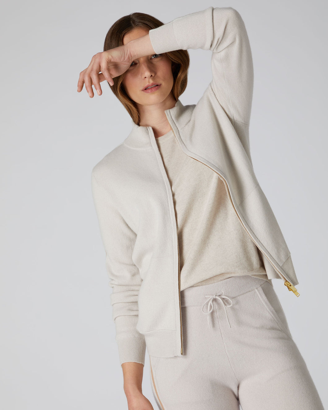 N.Peal Women's Stripe Sleeve Cashmere Jumper Snow Grey