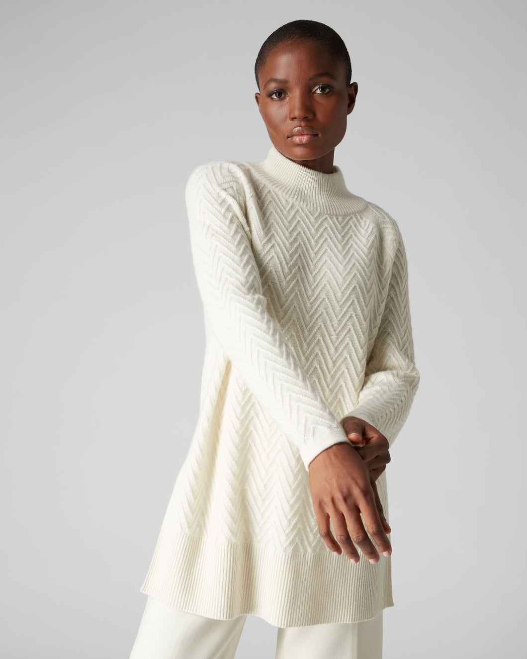 N.Peal Women's Chevron Stitch Cashmere Tunic New Ivory White