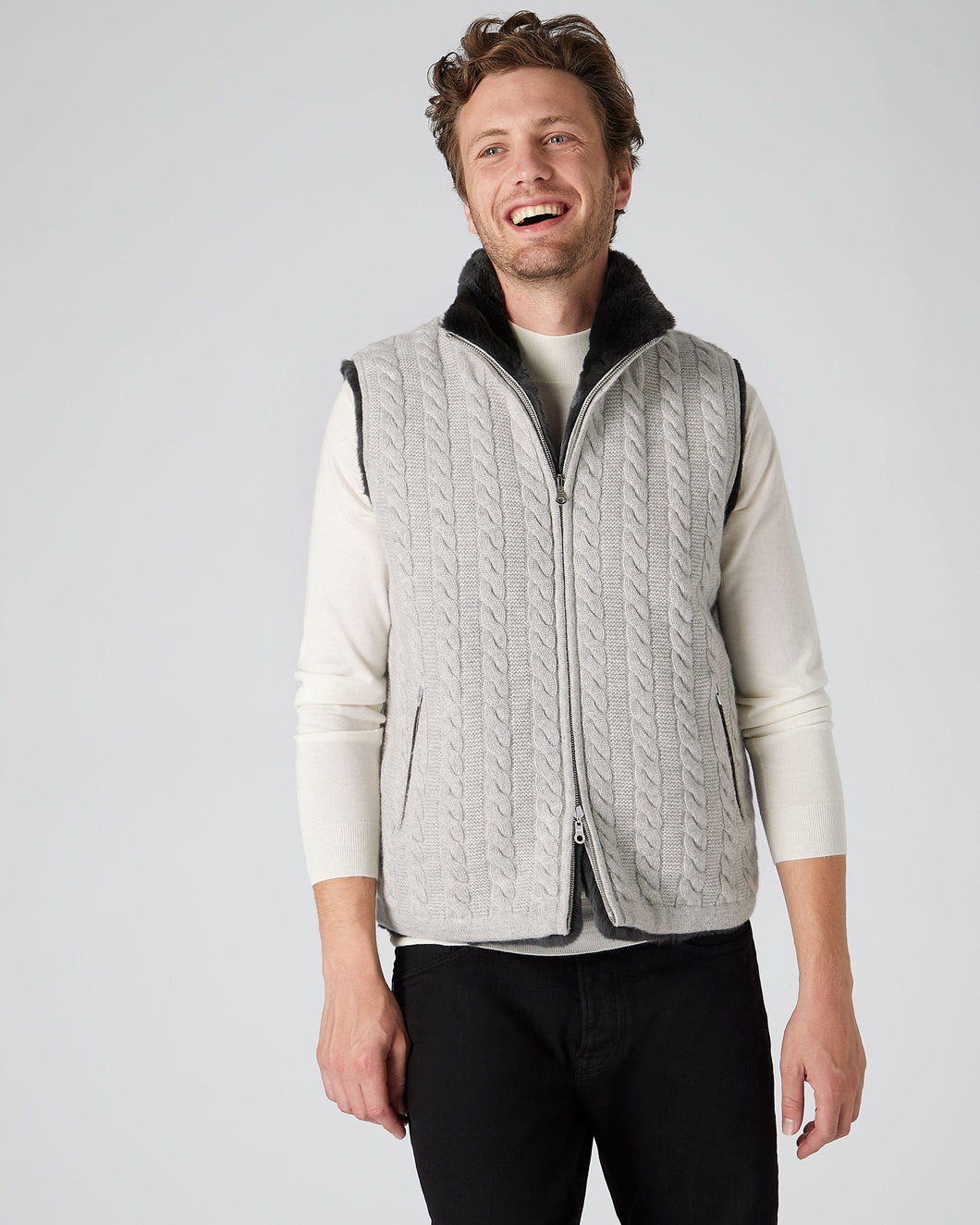 Men's Cable Fur Lined Gilet Fumo Grey + Dark Grey