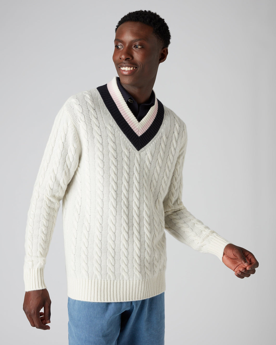 N.Peal Men's Cable Cricket Cashmere Jumper New Ivory White