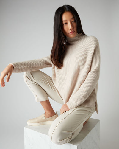 N.Peal Women's High Neck Ribbed Cashmere Jumper Almond White
