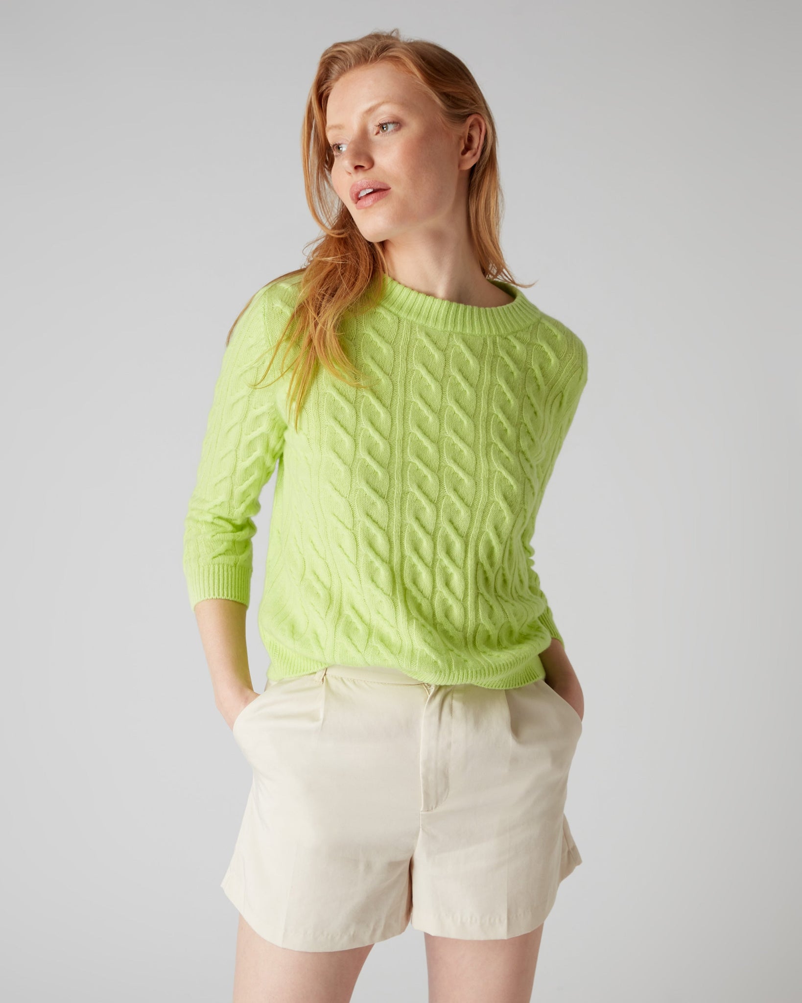 Women's Round Neck Cable Cashmere Jumper Key Lime Green – N.Peal