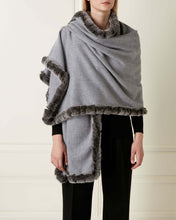 Load image into Gallery viewer, Fur Trim Woven Cashmere Shawl Flannel Grey + Charcoal Grey Tipped Fur
