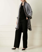 Load image into Gallery viewer, Fur Trim Woven Cashmere Shawl Flannel Grey + Charcoal Grey Tipped Fur

