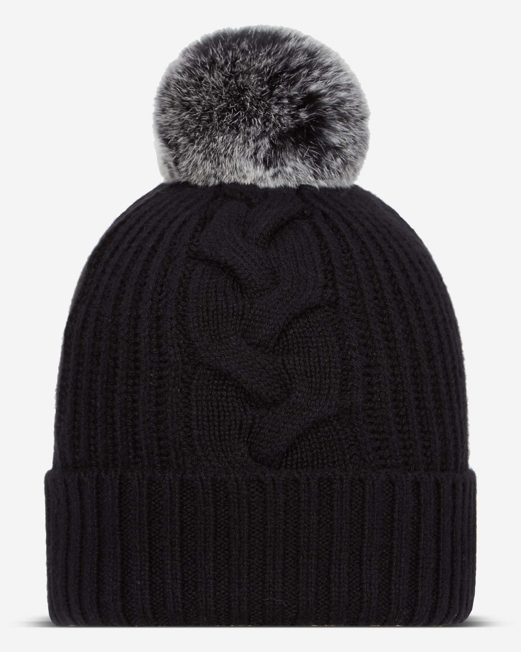 Fur Bobble Cable Hat Black + Black Tipped Fur
